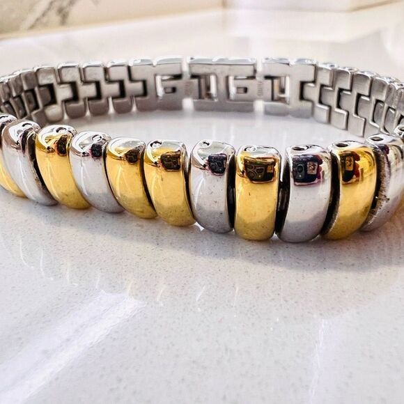 Old Money Aesthetic Gold Silver Link Bracelet Two Tone Timeless Bold Jewelry - Picture 3 of 11